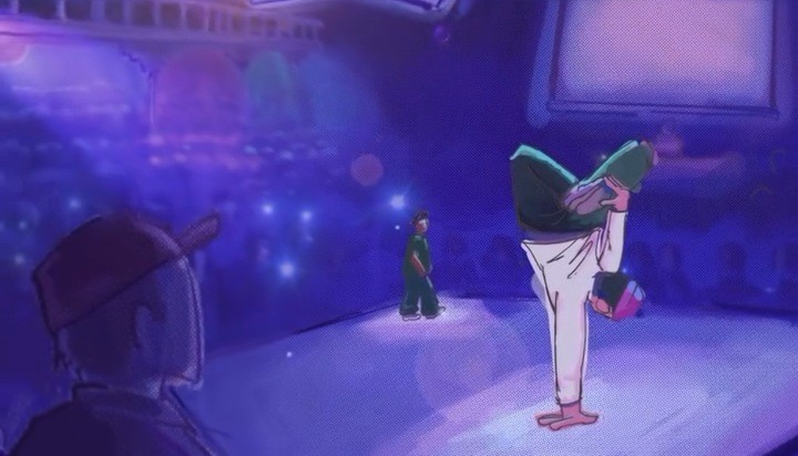 Animated still: a breakdancer frozen on a battle stage